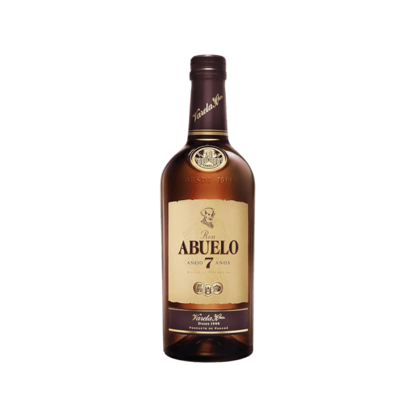 Ron Abuelo 7 Años aged rum bottle with beige label on transparent background