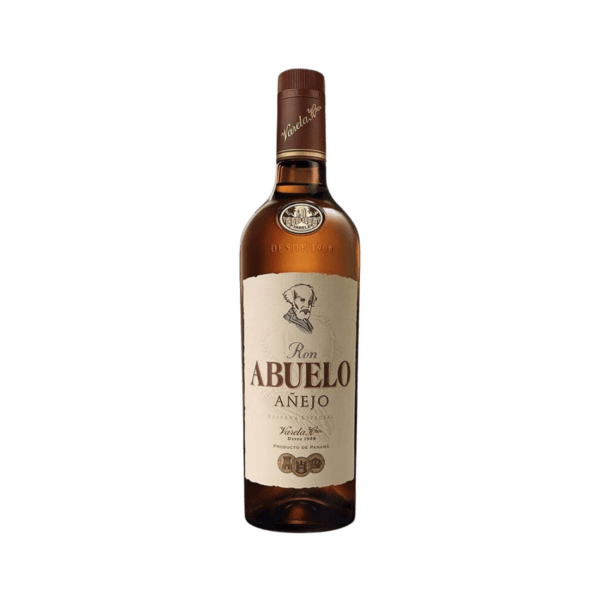Bottle of Ron Abuelo Añejo aged rum from Panama with beige label and brown cap