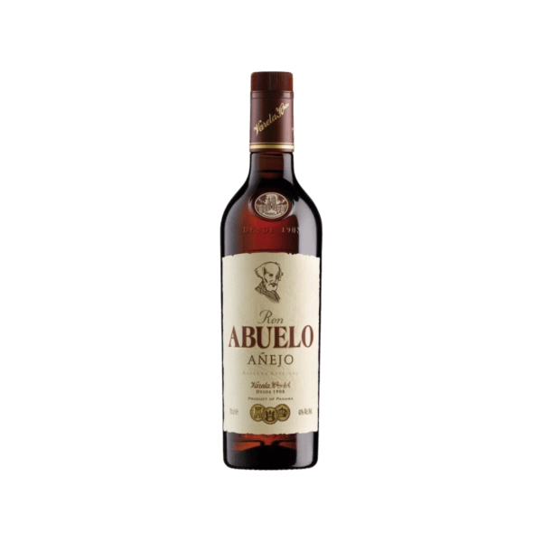 Bottle of Ron Abuelo Añejo aged Panama rum with cream label and brown cap