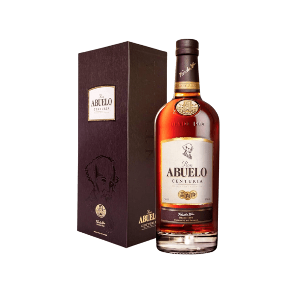 Bottle of Ron Abuelo Centuria aged rum with elegant dark brown packaging box