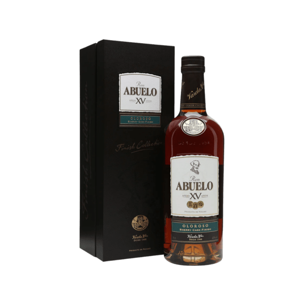 Bottle of Ron Abuelo XV Años Oloroso Sherry Cask Finish rum with black gift box