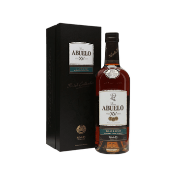 Bottle of Ron Abuelo XV Años Oloroso Sherry Cask Finish rum with black gift box
