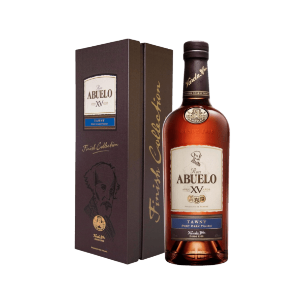 Bottle of Ron Abuelo XV Años Tawny Port Cask Finish rum with matching gift box