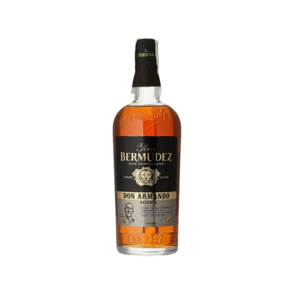 Bermudez Don Armando Reserva premium rum bottle with black and gold label on plain background