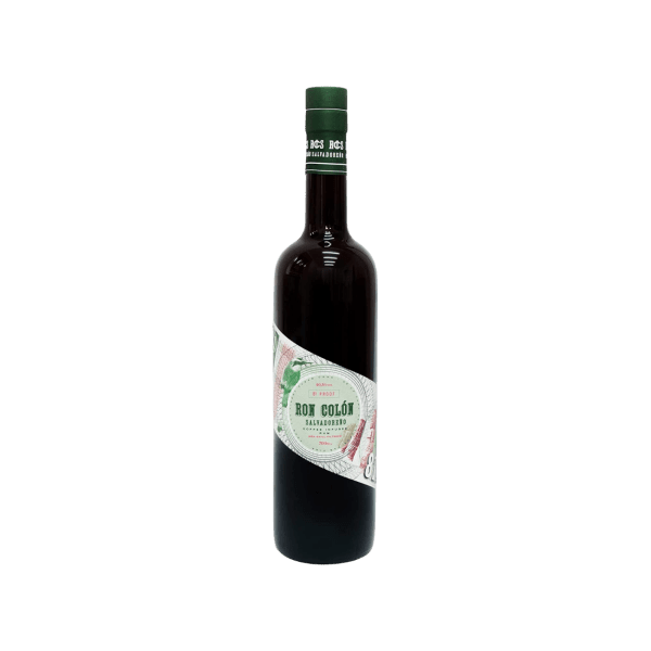 Ron Colón Salvadoreno rum bottle with green and white label on white background