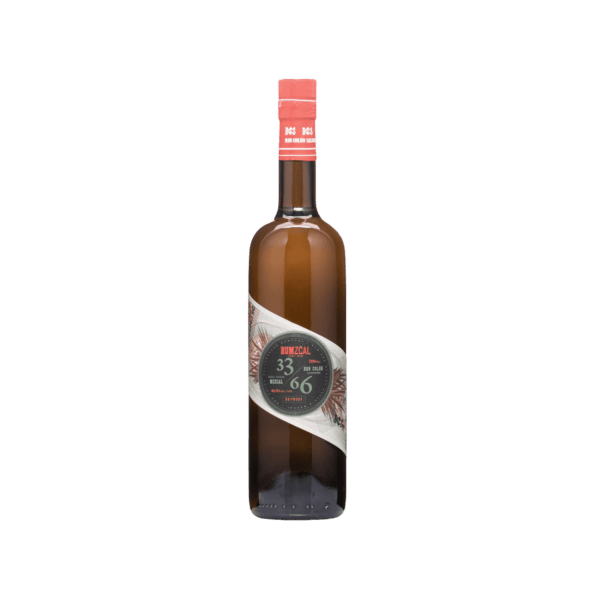 Premium mezcal bottle with decorative label and red cap on white background