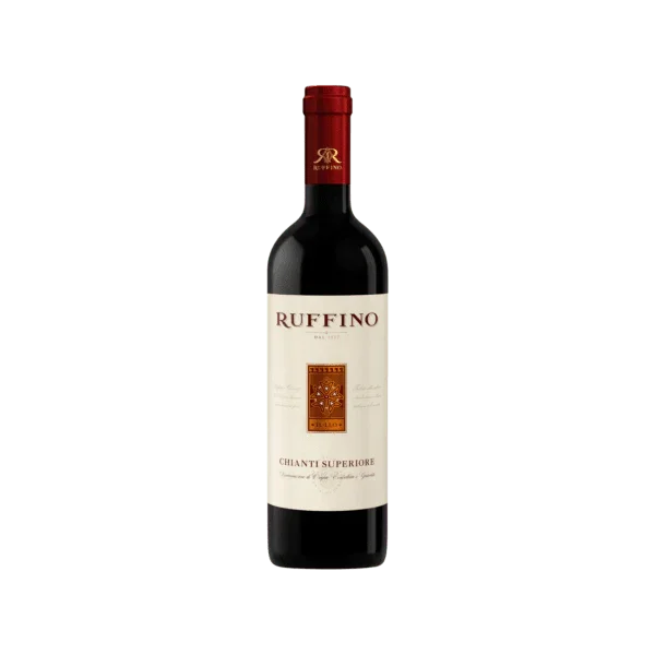 Ruffino Chianti Superiore red wine bottle with cream label and red foil cap