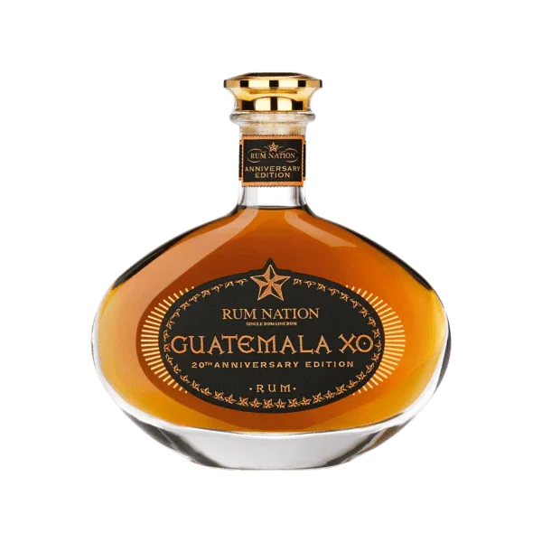 Elegant bottle of Rum Nation Guatemala XO 20th Anniversary Edition rum with gold accents