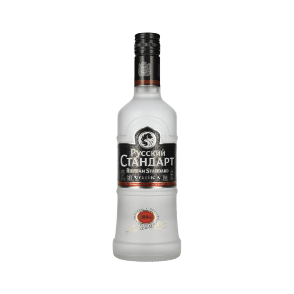 Frosted bottle of Russian Standard Vodka with black label and red seal on white background