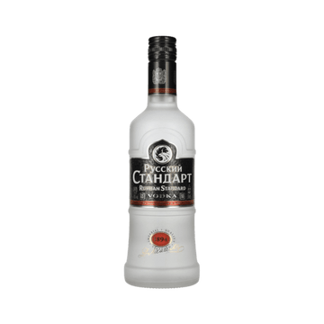 Frosted bottle of Russian Standard Vodka with black label and red seal on white background