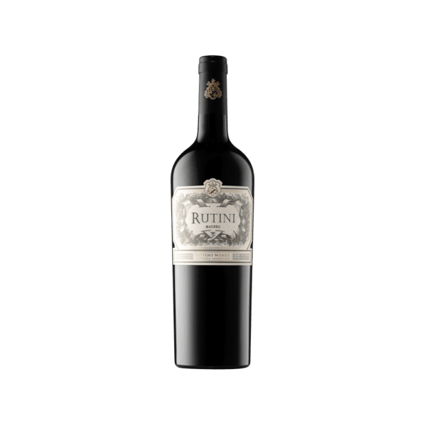 Rutini Malbec red wine bottle with detailed label on a plain background