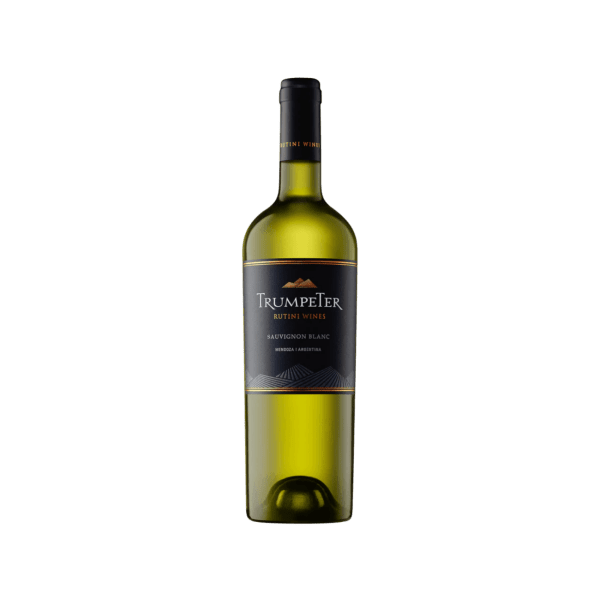 Trumpeter Rutini Wines Sauvignon Blanc white wine bottle from Mendoza Argentina with black label