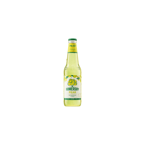 Somersby pear flavored refreshing cider in a clear glass bottle with green and yellow label