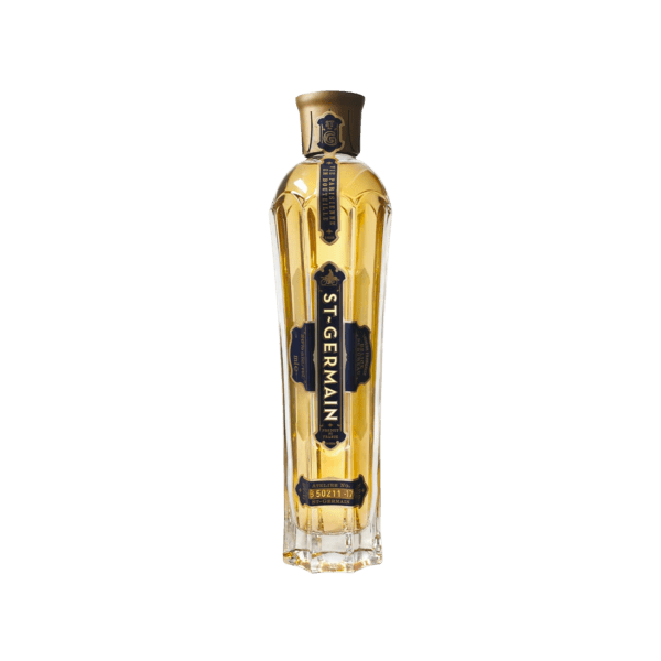 St-Germain elderflower liqueur bottle with gold and black label on transparent background