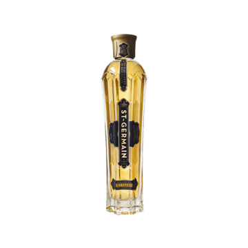 St-Germain elderflower liqueur bottle with gold and black label on transparent background