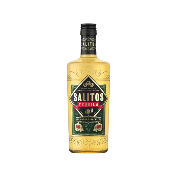 Salitos Gold tequila bottle with black cap and green label featuring gold and red accents