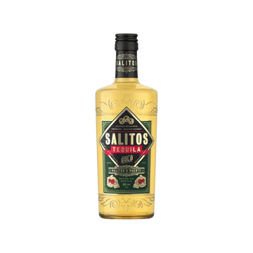 Salitos Gold tequila bottle with black cap and green label featuring gold and red accents