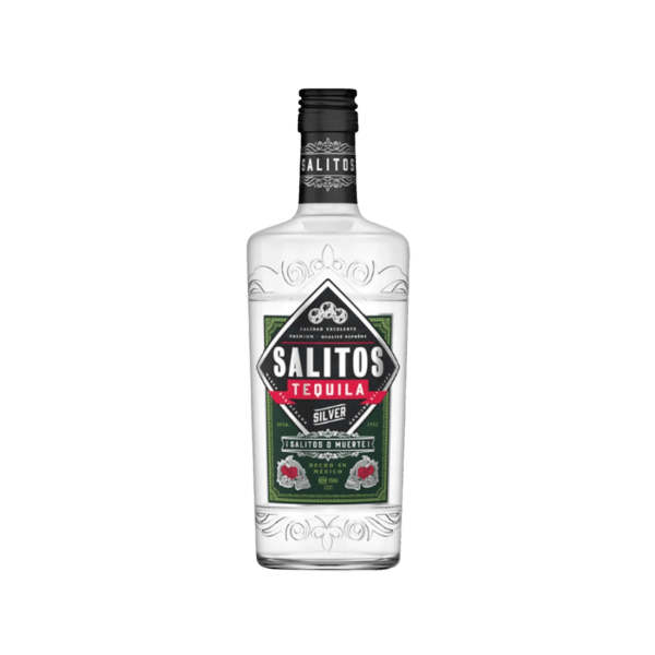 Salitos Silver Tequila bottle with black and green label, red accents, and decorative glass design
