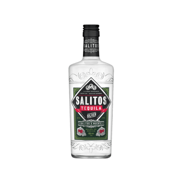 Salitos Silver Tequila bottle with black and green label, red accents, and decorative glass design