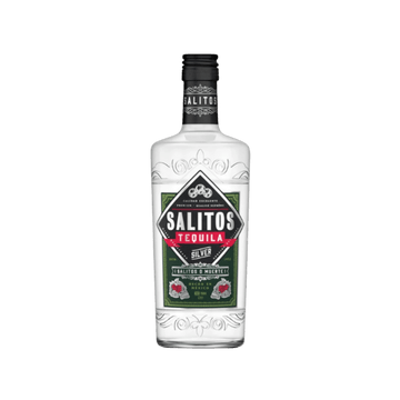 Salitos Tequila Silver bottle premium clear tequila with green label on white background