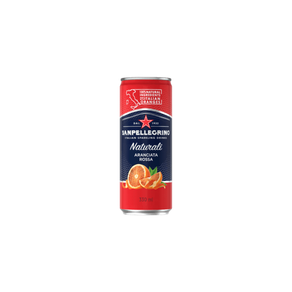330ml Sanpellegrino Naturali Aranciata Rossa sparkling orange drink can with fruit design