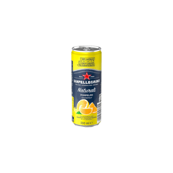 330ml can of Sanpellegrino Naturali sparkling grapefruit drink with yellow and blue design