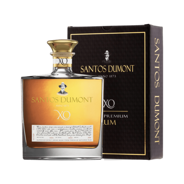 Santos Dumont XO premium rum bottle with gift box, clear glass decanter, gold accents