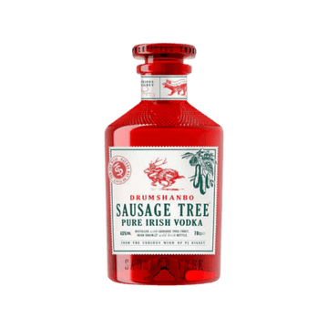 Drumshanbo Sausage Tree Pure Irish Vodka in a red bottle, premium spirits product