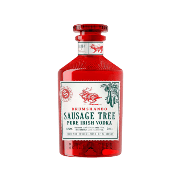 Red Drumshanbo Sausage Tree Pure Irish Vodka bottle with white label and botanical illustration