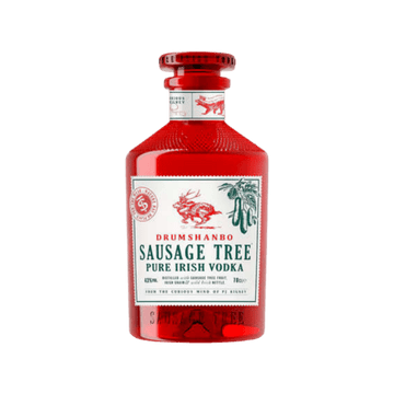 Red Drumshanbo Sausage Tree Pure Irish Vodka bottle with white label and botanical illustration