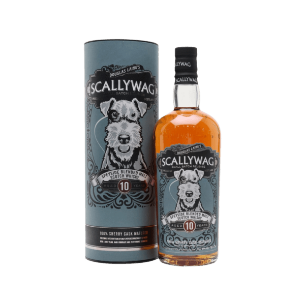 Scallywag 10 year old Speyside blended malt Scotch whisky bottle and gift tube packaging