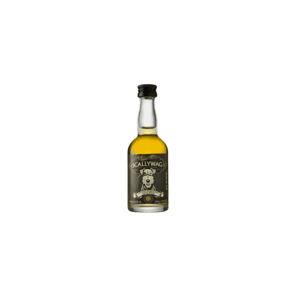 Scallywag whisky miniature bottle with black label and cartoon dog illustration