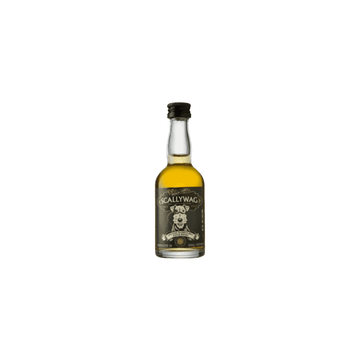 Scallywag whisky miniature bottle with black label and cartoon dog illustration