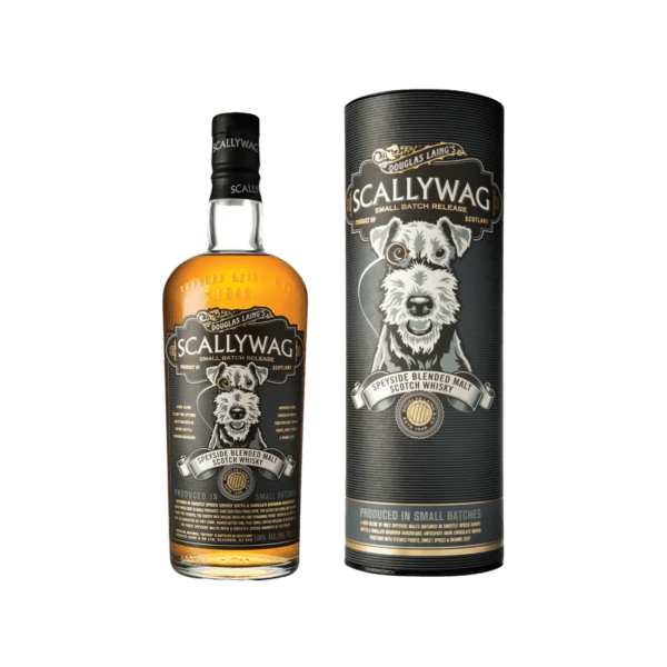 Scallywag Speyside blended malt Scotch whisky bottle and gift tube with dog illustration