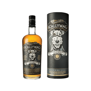 Scallywag Speyside blended malt Scotch whisky bottle and gift tube with dog illustration