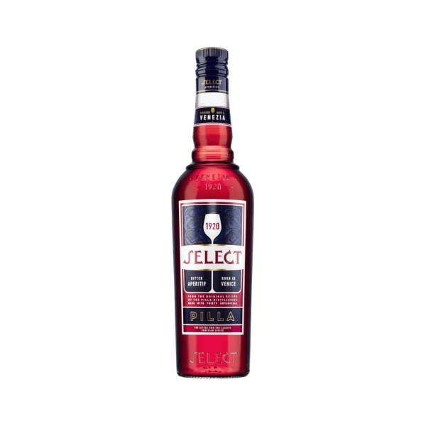 Bottle of Select 1920 Italian bitter aperitif with red label and dark cap on white background