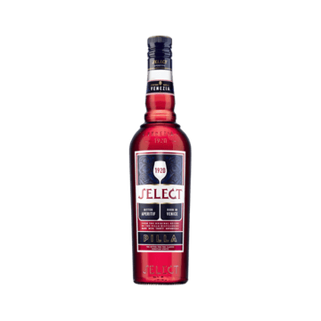 Bottle of Select 1920 Italian bitter aperitif with red label and dark cap on white background