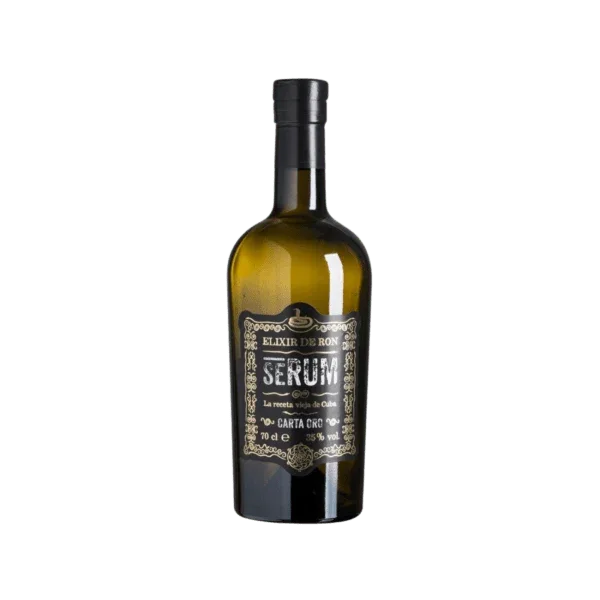 Bottle of SERUM Elixir de Ron Carta Oro, premium rum, 70cl, with ornate black label