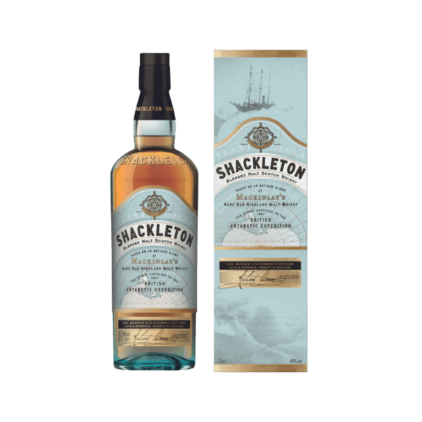 Shackleton blended malt scotch whisky bottle and box with blue expedition-themed design