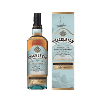 Shackleton blended malt scotch whisky bottle and box with blue expedition-themed design