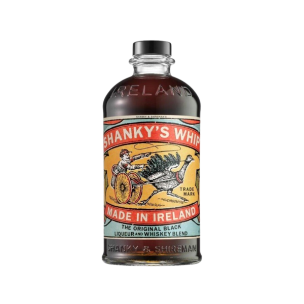 Shanky's Whip original black liqueur and whiskey blend bottle made in Ireland with vintage label