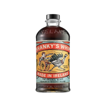 Shanky's Whip original black liqueur and whiskey blend bottle made in Ireland with vintage label
