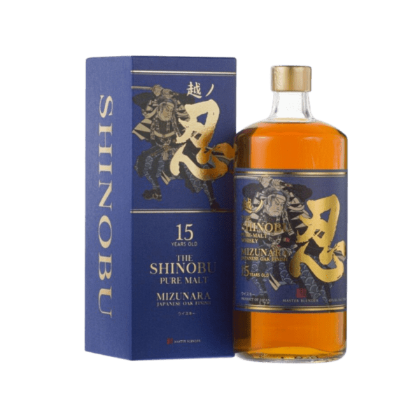 Shinobu 15 year old Mizunara pure malt whisky bottle and box, premium Japanese whisky