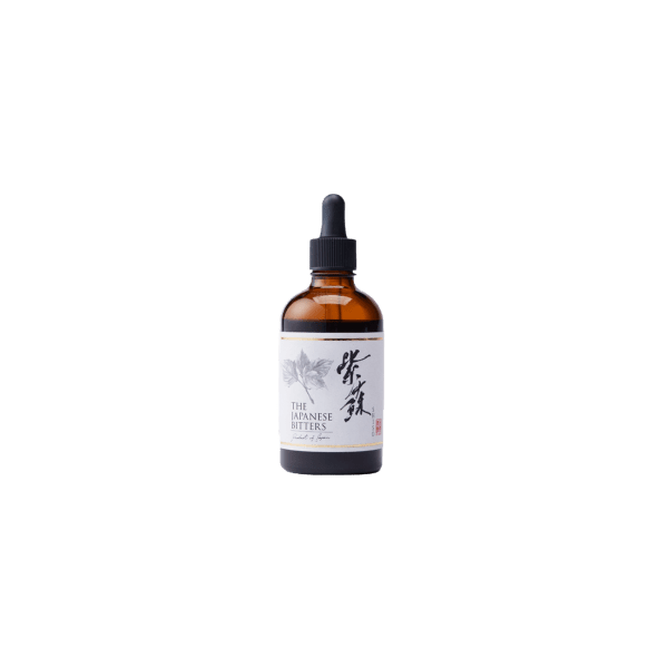 Japanese Bitters dropper bottle with white label and botanical design on a plain background