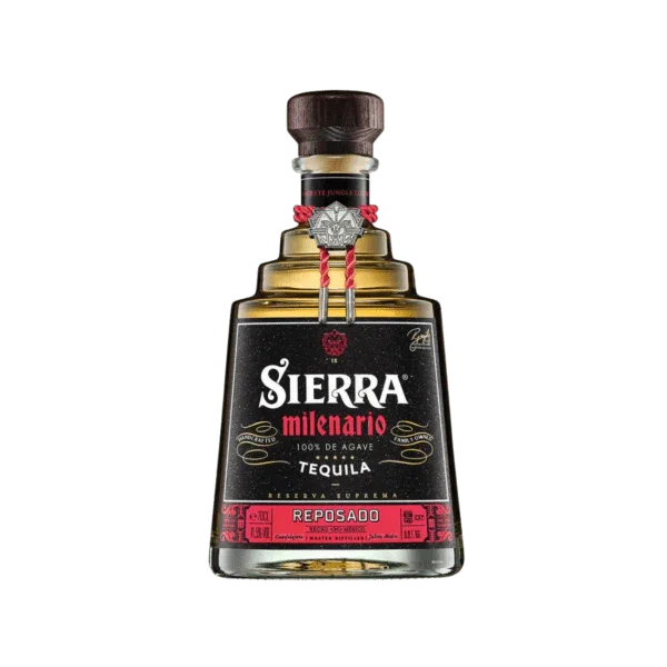 Sierra Milenario Reposado tequila bottle with black and red label, wooden cap