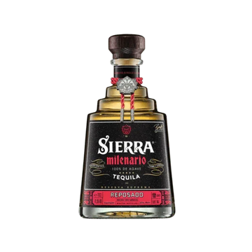 Sierra Milenario Reposado tequila bottle with black and red label, wooden cap