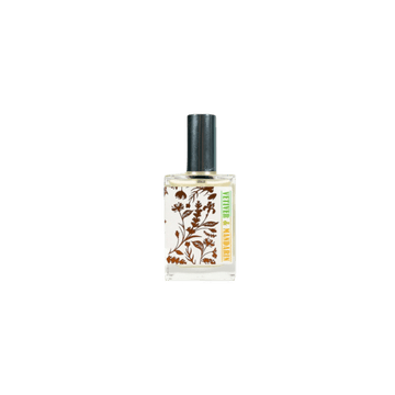 perfume bottle with black cap featuring Vetiver & Mandarin label and brown botanical design