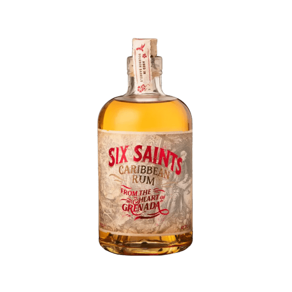 Six Saints Caribbean rum bottle from Grenada, premium golden spirit with label