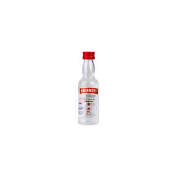 Small Smirnoff vodka bottle with red cap on white background