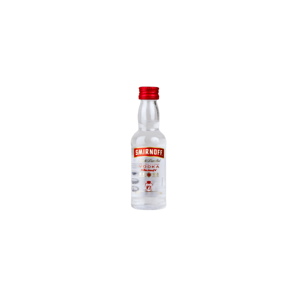 Clear vodka bottle with red label and cap on plain background
